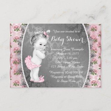 Pretty Pink Rose Pink and Gray Baby Shower Invitation