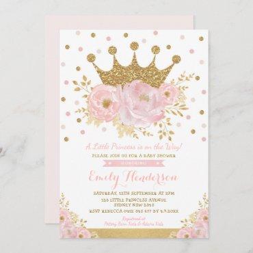 Pretty Princess Gold Crown Pink Floral Baby Shower Invitation
