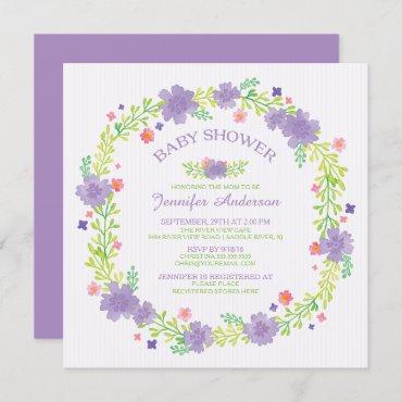 Pretty Purple Flowers Wreath Girls Baby Shower Invitation