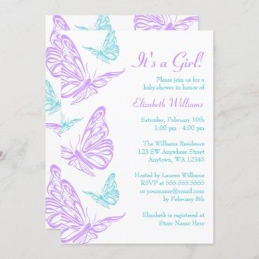 Pretty Purple Teal Butterfly Girl Baby Shower Invitation