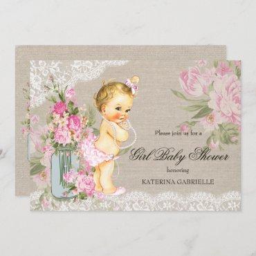 Pretty Shabby Lace Floral Girl Baby Shower Blonde Invitation