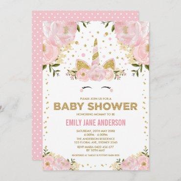 Pretty Unicorn Girl Baby Shower Pink Gold Floral Invitation