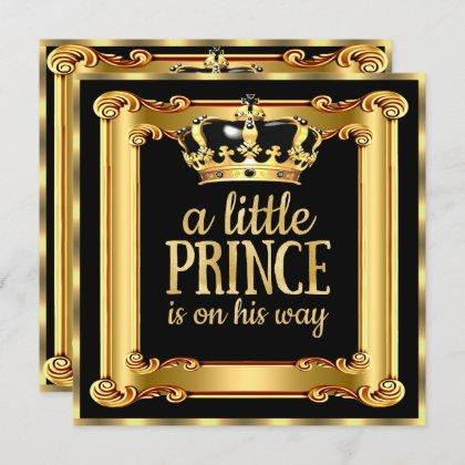 Prince Baby Shower Gold Faux Foil Black Frame Invitation