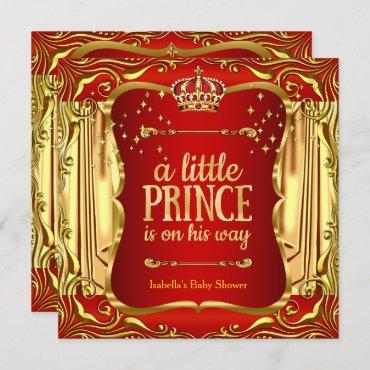Prince Baby Shower Red Gold Boy Invitation