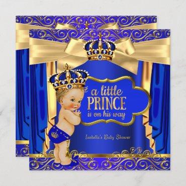 Prince Baby Shower Royal Blue Gold Drapes Blonde Invitation