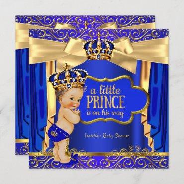 Prince Baby Shower Royal Blue Gold Drapes Brunette Invitation