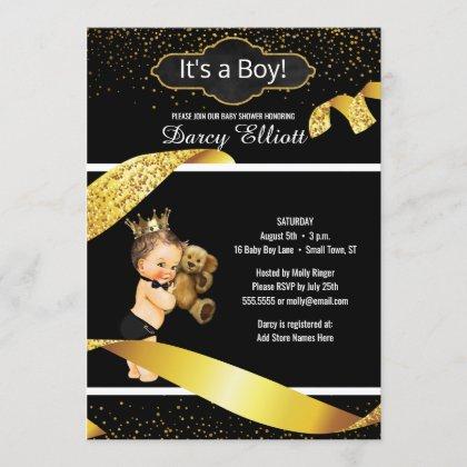 Prince Boy Baby Shower | Black Faux Gold Glitter Invitation