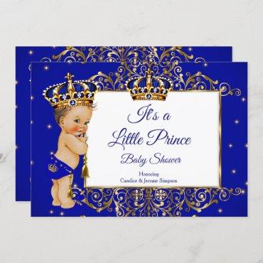 Prince Boy Baby Shower Royal Blue Gold Brunette 2 Invitation