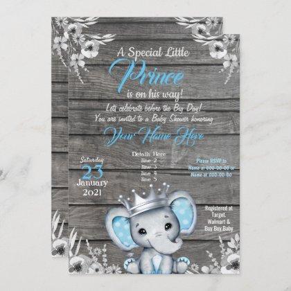 Prince Elephant Baby Shower Invitation Silver Blue