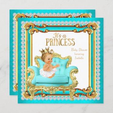 Princess Baby Shower Aqua Teal Gold Chair Blonde Invitation