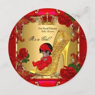 Princess Baby Shower Girl Gold Red Rose Hi Heel R Invitation
