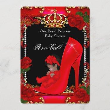 Princess Baby Shower Girl Gold Red Rose Shoe 2 Invitation