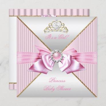 Princess Baby Shower Girl Pink Pearl Gold White 3 Invitation