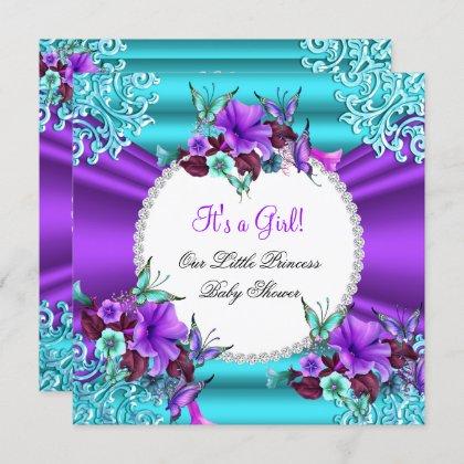 Princess Baby Shower Girl Teal Purple Floral 3 Invitation