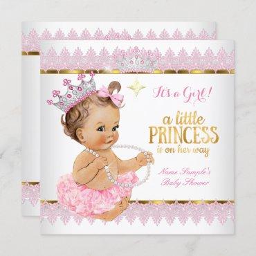 Princess Baby Shower Pink Gold Brunette Baby Invitation