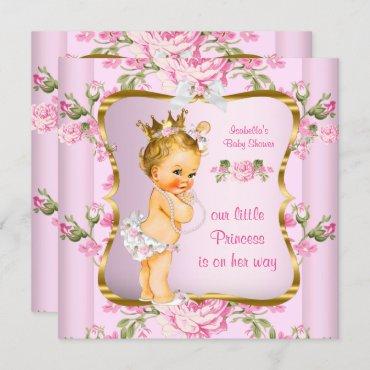Princess Baby Shower Pink Gold Floral Blonde Invitation