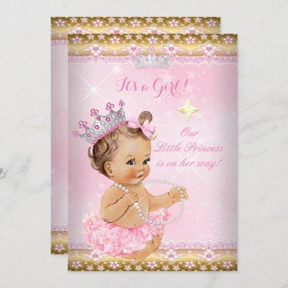 Princess Baby Shower Pink Tutu Gold Tiara Brunette Invitation