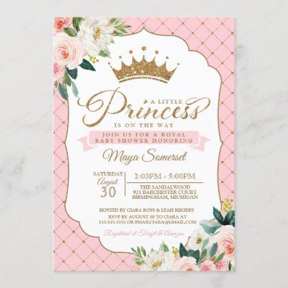 Princess Gold Glitter Crown & Floral Baby Shower Invitation