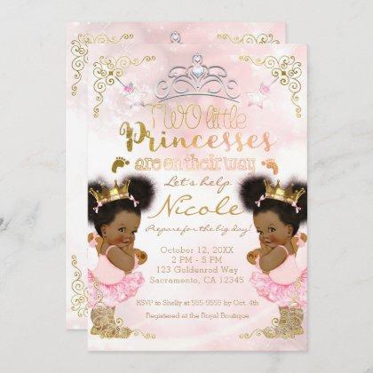 Princess Tutu Crown Ethnic Twin Girls Baby Shower Invitation