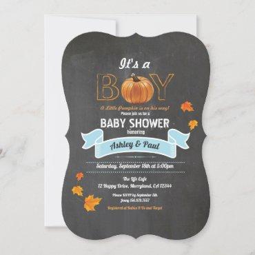 Pumpkin baby boy shower rustic wood chalkboard inv invitation