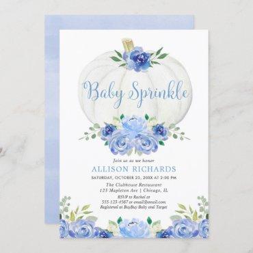 Pumpkin baby sprinkle blue white boy baby shower invitation