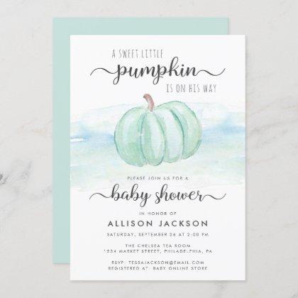 Pumpkin Blue Mint Watercolor Baby Boy Shower Invitation