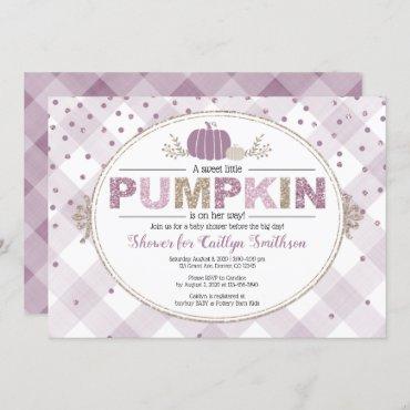 Pumpkin fall baby shower gingham confetti purple invitation