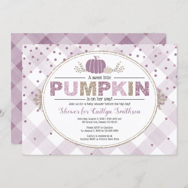 Pumpkin fall baby shower gingham confetti purple