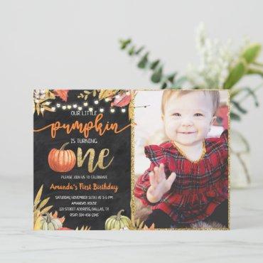 Pumpkin Fall Chalkboard First Birthday  Invitation