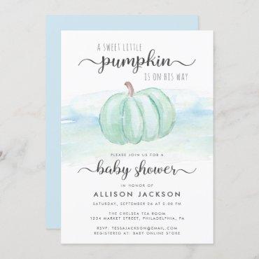 Pumpkin Mint Blue Watercolor Baby Boy Shower Invitation