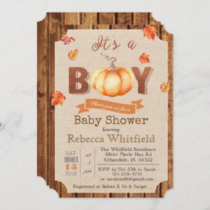 Pumpkin Rustic Leaves Wood Baby Shower Invitation