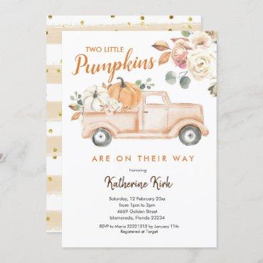 Pumpkin Truck Twins Floral Baby Shower Invitation