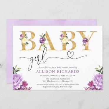 Purple and gold faux foil floral Girl baby shower Invitation