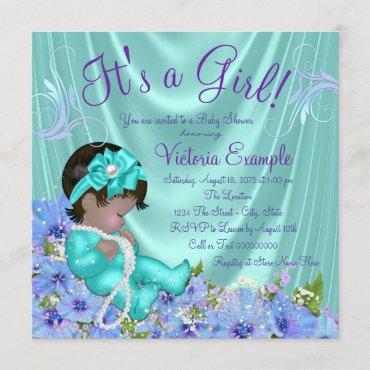 Purple and Teal Blue Floral Ethnic Baby Shower Invitation