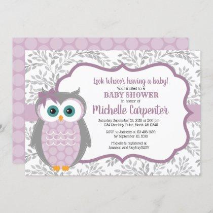 purple baby shower invitation girl woodland owl