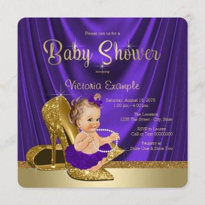 Purple Ballerina Pearls Gold Shoe Baby Shower Invitation