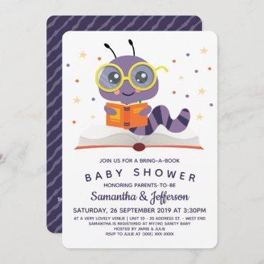 Purple Bookworm Book Baby Shower Invitation