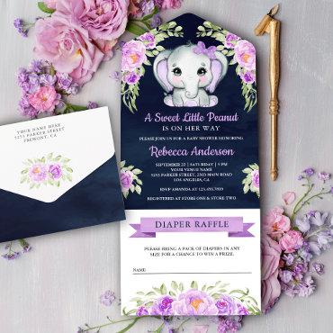 Purple Bow Floral Elephant Navy Blue Baby Shower All In One