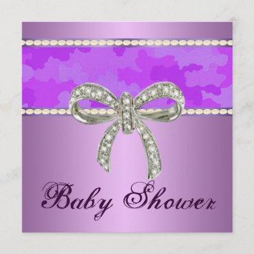 Purple Camo Diamond Bow Baby Shower Invitation