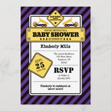 Purple Construction Baby Shower Invitation