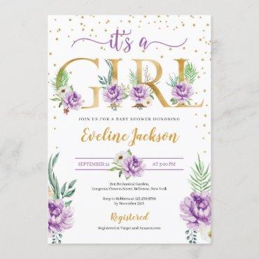 Purple floral and gold foil letter baby shower invitation