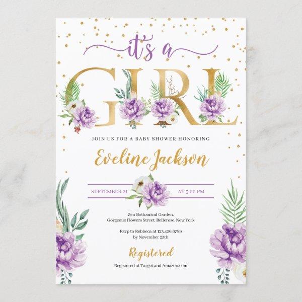 Purple floral and gold foil letter