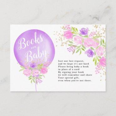 Purple floral balloon books for baby shower enclosure card