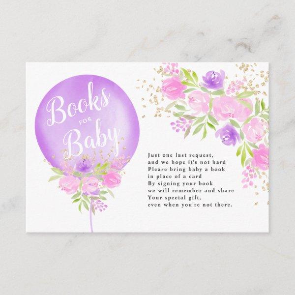 Purple floral balloon books for baby shower enclosure card