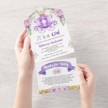 Purple Floral Cute Princess Carriage Baby Shower All In One Invitation