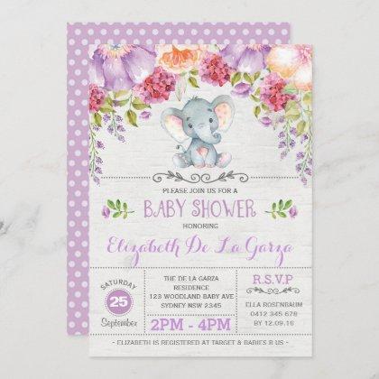 Purple Floral Elephant Baby Girl Shower Invitation
