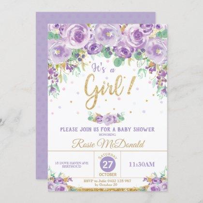 Purple Floral Flowers Baby Shower It's a Girl Invitation