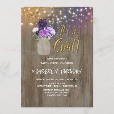 Purple Floral Mason Jar Rustic Baby Shower Invitation