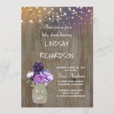 Purple Floral Mason Jar Rustic Barn Baby Shower Invitation