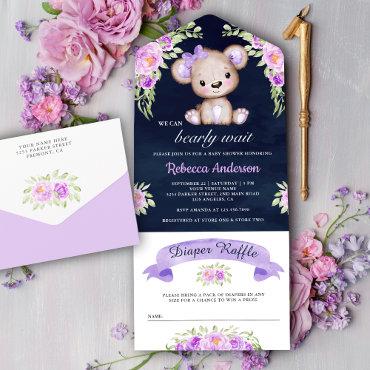 Purple Floral Teddy Bear Navy Blue Baby Shower All In One
